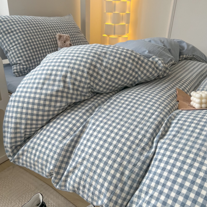 91家纺网 家纺一手货源 找家纺 盼季 2023新款无印风格子纯色水洗棉四件套 布丁蓝