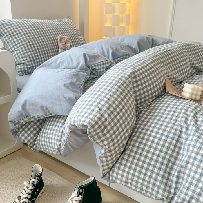 91家纺网 家纺一手货源 找家纺 盼季 2023新款无印风格子纯色水洗棉四件套 布丁蓝