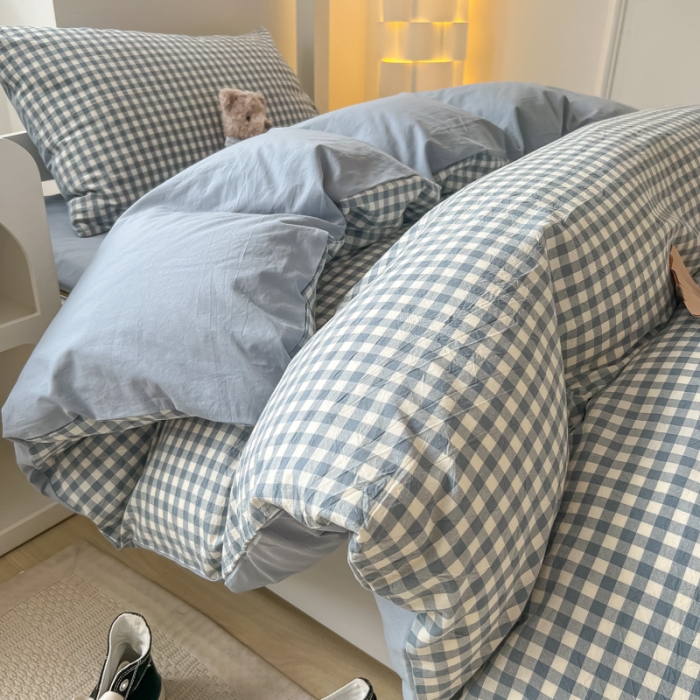 91家纺网 家纺一手货源 找家纺 盼季 2023新款无印风格子纯色水洗棉四件套 布丁蓝