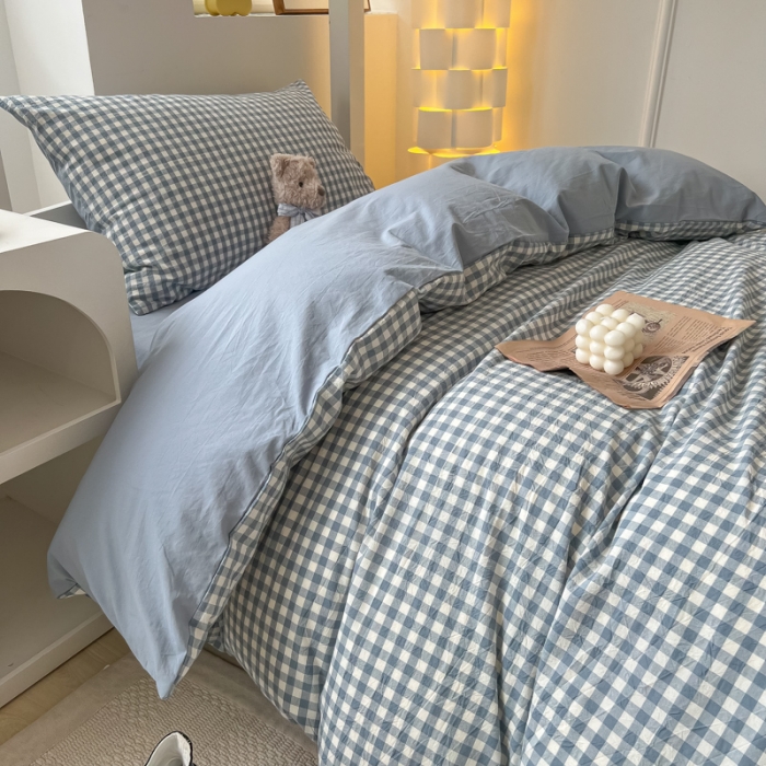 91家纺网 家纺一手货源 找家纺 盼季 2023新款无印风格子纯色水洗棉四件套 布丁蓝