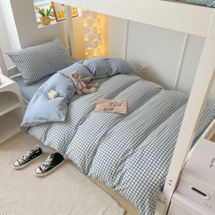 91家纺网 家纺一手货源 找家纺 盼季 2023新款无印风格子纯色水洗棉四件套 布丁蓝