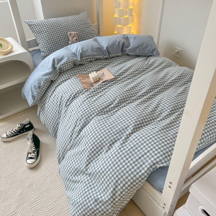 91家纺网 家纺一手货源 找家纺 盼季 2023新款无印风格子纯色水洗棉四件套 布丁蓝
