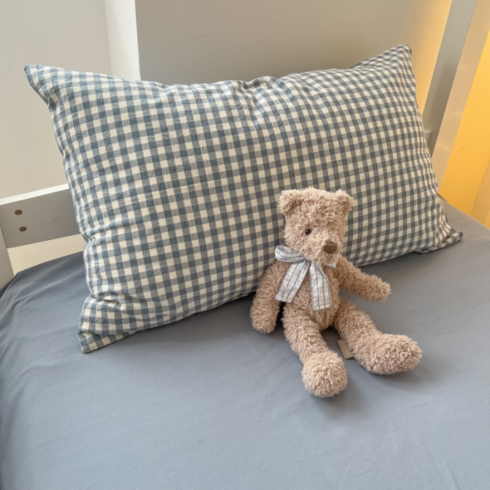 91家纺网 家纺一手货源 找家纺 盼季 2023新款无印风格子纯色水洗棉四件套 布丁蓝