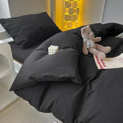 盼季 2023新款无印风格子纯色水洗棉四件套 高级黑