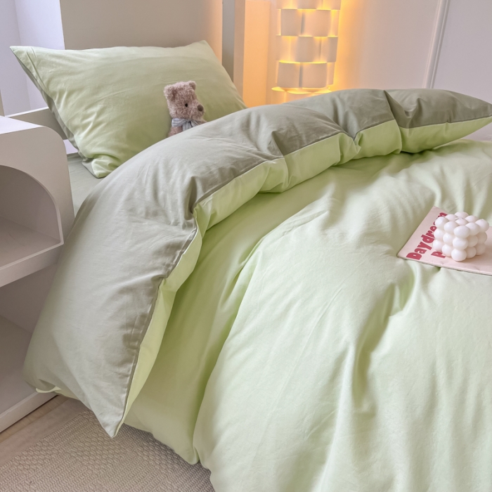 91家纺网 家纺一手货源 找家纺 盼季 2023新款无印风格子纯色水洗棉四件套 果绿深绿