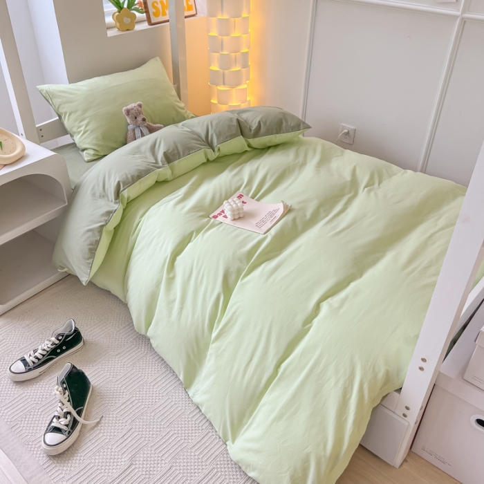 91家纺网 家纺一手货源 找家纺 盼季 2023新款无印风格子纯色水洗棉四件套 果绿深绿