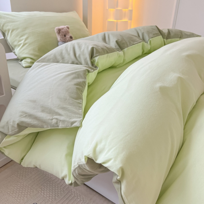 91家纺网 家纺一手货源 找家纺 盼季 2023新款无印风格子纯色水洗棉四件套 果绿深绿