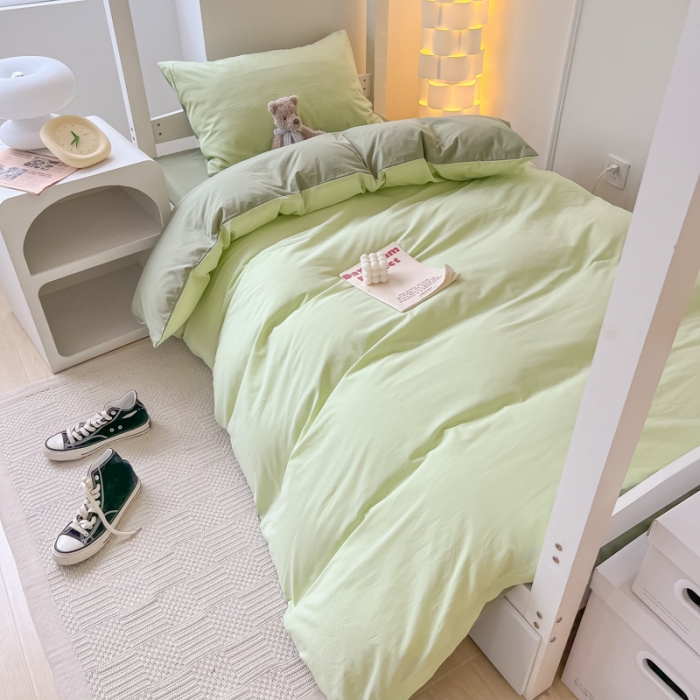 91家纺网 家纺一手货源 找家纺 盼季 2023新款无印风格子纯色水洗棉四件套 果绿深绿