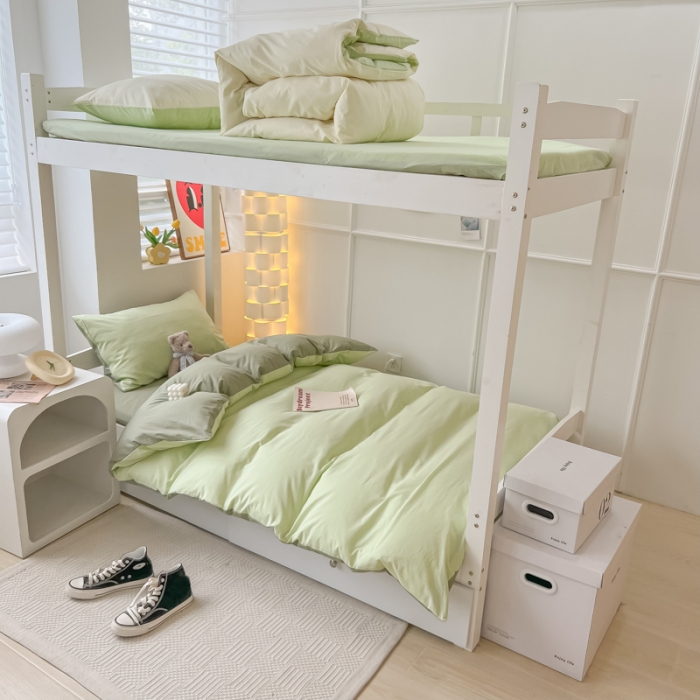 91家纺网 家纺一手货源 找家纺 盼季 2023新款无印风格子纯色水洗棉四件套 果绿深绿