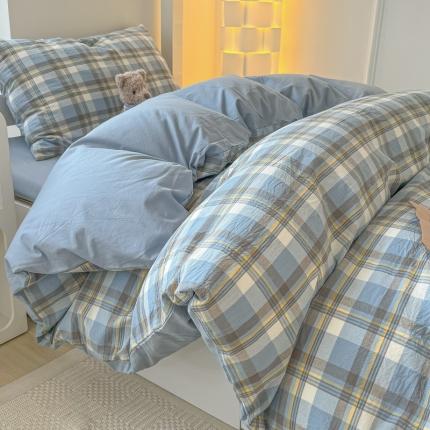 盼季 2023新款无印风格子纯色水洗棉四件套 简昔蓝