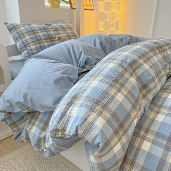 91家纺网 家纺一手货源 找家纺 盼季 2023新款无印风格子纯色水洗棉四件套 简昔蓝