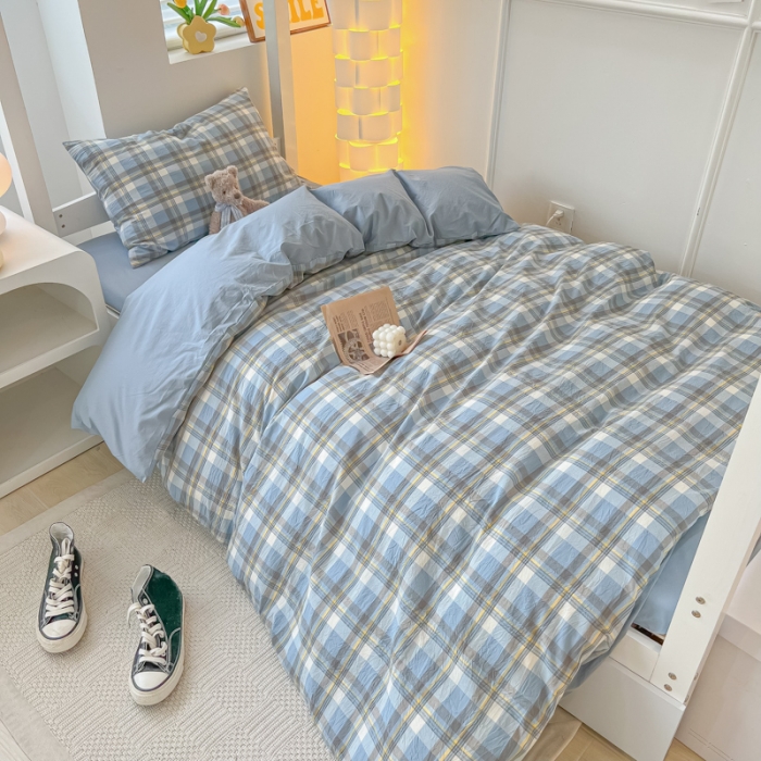 91家纺网 家纺一手货源 找家纺 盼季 2023新款无印风格子纯色水洗棉四件套 简昔蓝