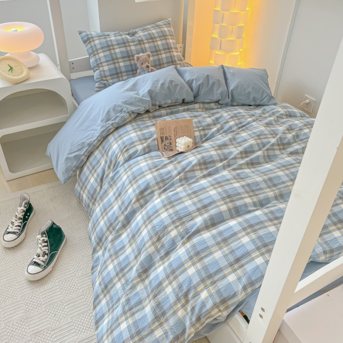 91家纺网 家纺一手货源 找家纺 盼季 2023新款无印风格子纯色水洗棉四件套 简昔蓝