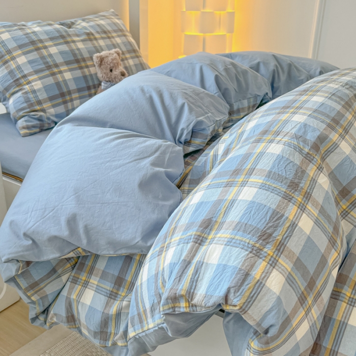 91家纺网 家纺一手货源 找家纺 盼季 2023新款无印风格子纯色水洗棉四件套 简昔蓝