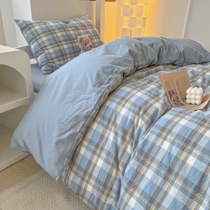 91家纺网 家纺一手货源 找家纺 盼季 2023新款无印风格子纯色水洗棉四件套 简昔蓝