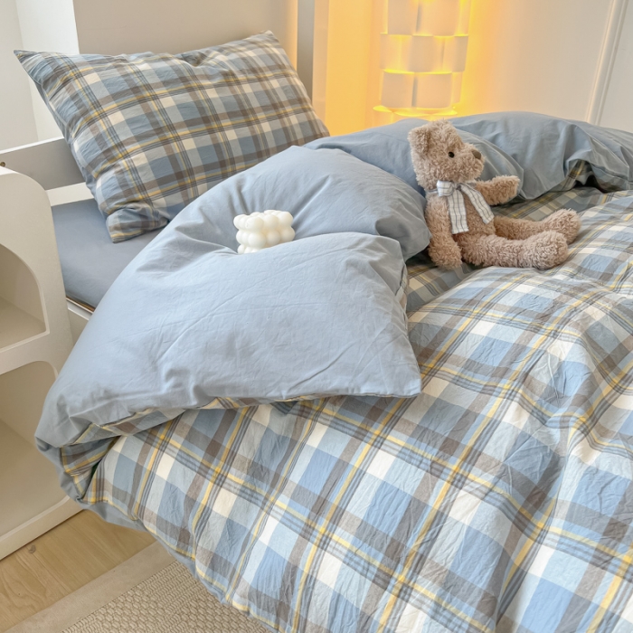 91家纺网 家纺一手货源 找家纺 盼季 2023新款无印风格子纯色水洗棉四件套 简昔蓝