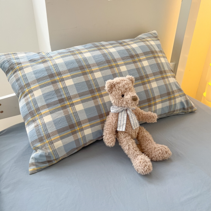 91家纺网 家纺一手货源 找家纺 盼季 2023新款无印风格子纯色水洗棉四件套 简昔蓝