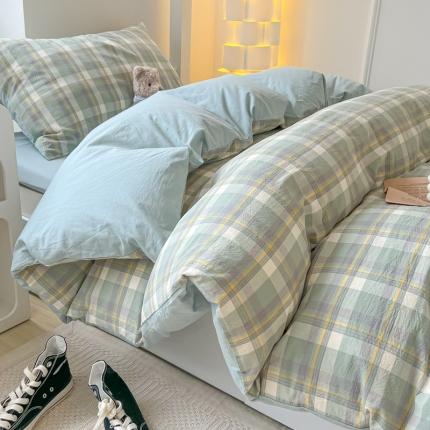 盼季 2023新款无印风格子纯色水洗棉四件套 简昔绿