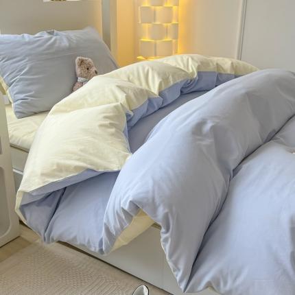 盼季 2023新款无印风格子纯色水洗棉四件套 蓝芝士双拼