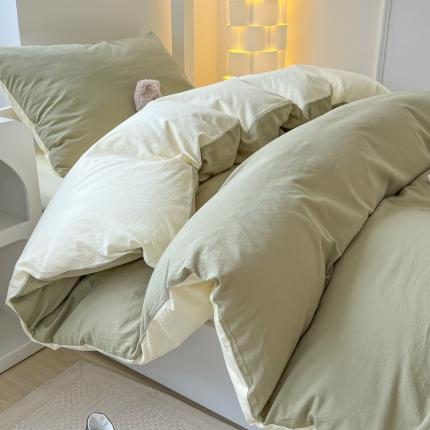 盼季 2023新款无印风格子纯色水洗棉四件套 抹茶芝士