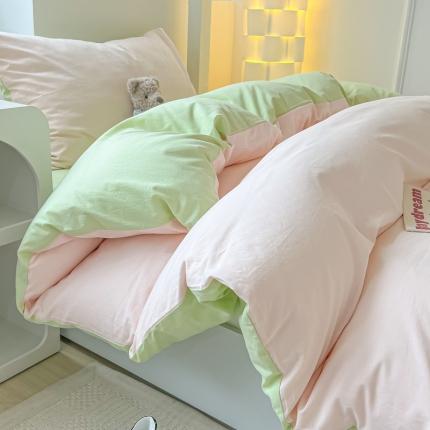 盼季 2023新款无印风格子纯色水洗棉四件套 奶粉泡泡绿