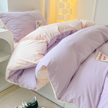 盼季 2023新款无印风格子纯色水洗棉四件套 奶粉泡泡紫