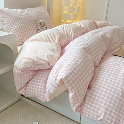 盼季 2023新款无印风格子纯色水洗棉四件套 浅粉格混搭