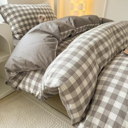 盼季 2023新款无印风格子纯色水洗棉四件套 三分格-灰