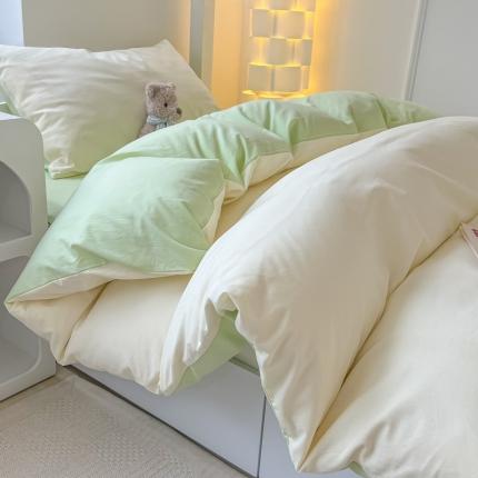 盼季 2023新款无印风格子纯色水洗棉四件套 芝士果绿