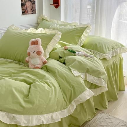 91家纺网 家纺一手货源 找家纺 盼季 2023新款小清新温柔公主风水洗棉四件套 花边纯色-果绿