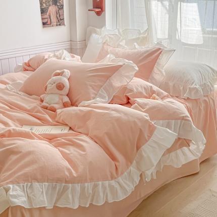 91家纺网 家纺一手货源 找家纺 盼季 2023新款小清新温柔公主风水洗棉四件套 花边纯色-奶粉