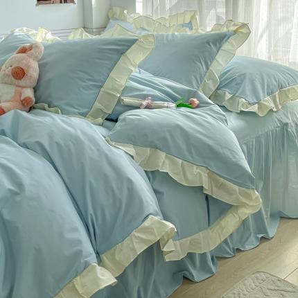 91家纺网 家纺一手货源 找家纺 盼季 2023新款小清新温柔公主风水洗棉四件套 花边纯色-奶蓝