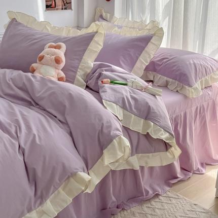 91家纺网 家纺一手货源 找家纺 盼季 2023新款小清新温柔公主风水洗棉四件套 花边纯色-奶紫