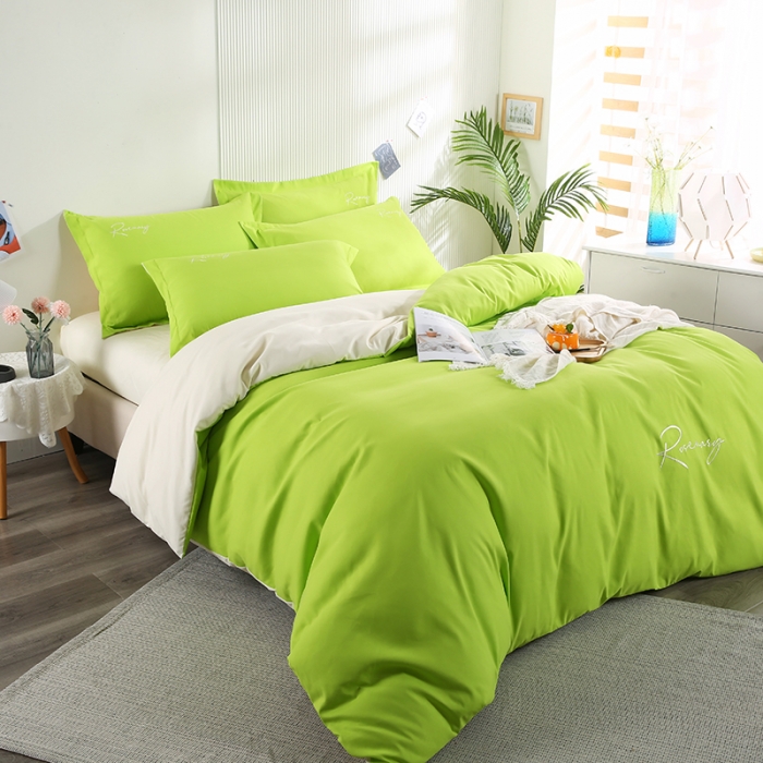 91家纺网 家纺一手货源 找家纺 7V 现货3000套110g加厚磨毛刺绣网红直播四件套     库存数量每个颜色500套 果绿米