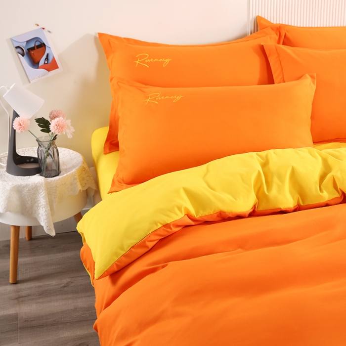 91家纺网 家纺一手货源 找家纺 7V 现货3000套110g加厚磨毛刺绣网红直播四件套     库存数量每个颜色500套 靓橙黄