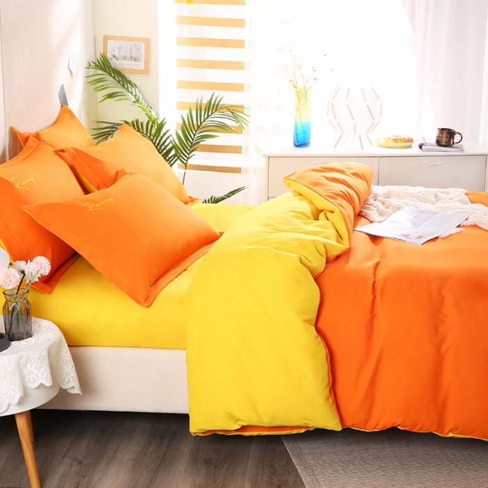 91家纺网 家纺一手货源 找家纺 7V 现货3000套110g加厚磨毛刺绣网红直播四件套     库存数量每个颜色500套 靓橙黄