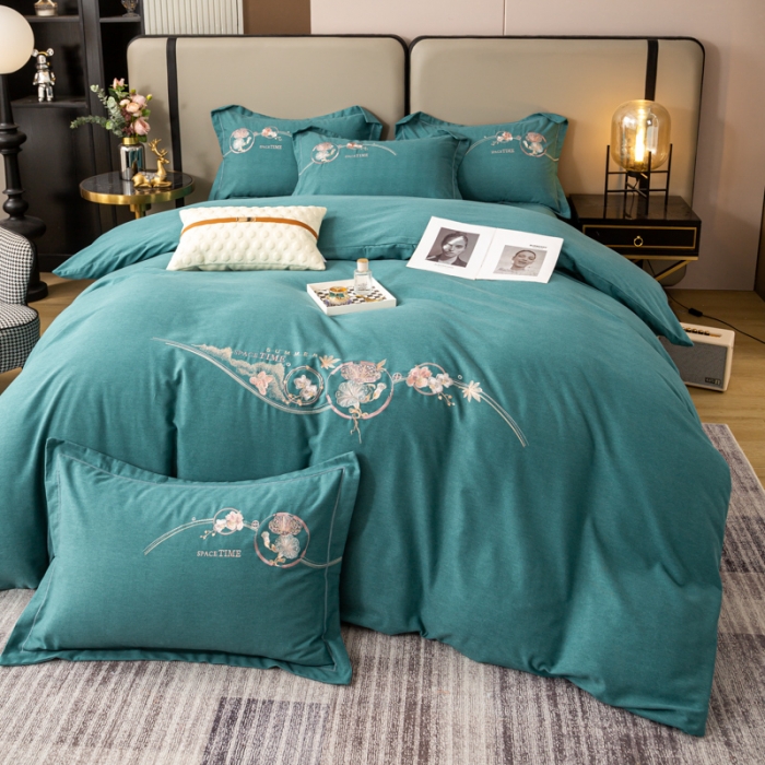 91家纺网 家纺一手货源 找家纺 昊翔2024新款绣花全棉磨毛刺绣工艺款四件套量大优惠花意浓-薄荷绿