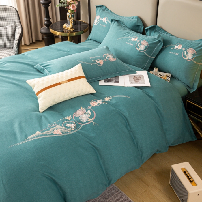 91家纺网 家纺一手货源 找家纺 昊翔2024新款绣花全棉磨毛刺绣工艺款四件套量大优惠花意浓-薄荷绿