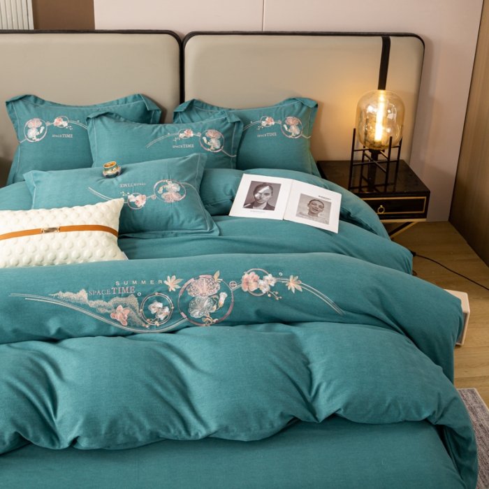 91家纺网 家纺一手货源 找家纺 昊翔2024新款绣花全棉磨毛刺绣工艺款四件套量大优惠花意浓-薄荷绿