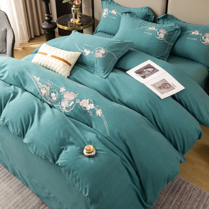 91家纺网 家纺一手货源 找家纺 昊翔2024新款绣花全棉磨毛刺绣工艺款四件套量大优惠花意浓-薄荷绿