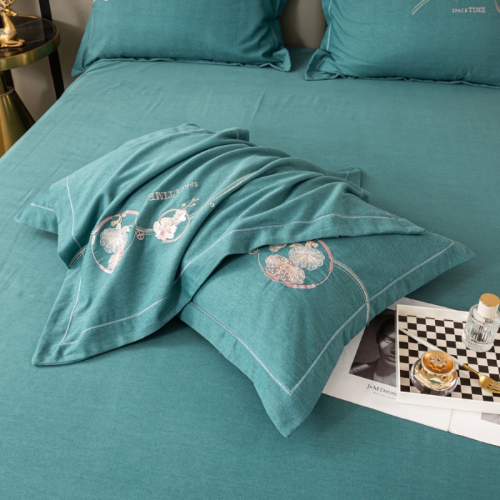 91家纺网 家纺一手货源 找家纺 昊翔2024新款绣花全棉磨毛刺绣工艺款四件套量大优惠花意浓-薄荷绿