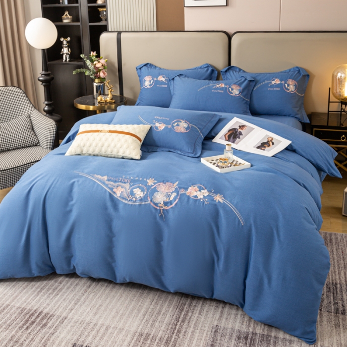 91家纺网 家纺一手货源 找家纺 昊翔2024新款绣花全棉磨毛刺绣工艺款四件套量大优惠花意浓-摩卡蓝