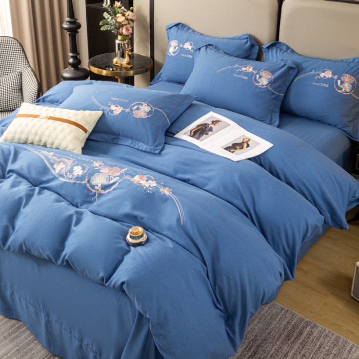 91家纺网 家纺一手货源 找家纺 昊翔2024新款绣花全棉磨毛刺绣工艺款四件套量大优惠花意浓-摩卡蓝