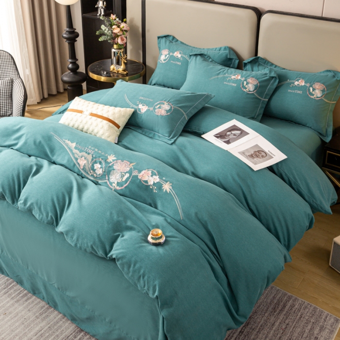 91家纺网 家纺一手货源 找家纺 昊翔2024新款绣花全棉磨毛刺绣工艺款四件套量大优惠花意浓-薄荷绿