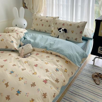 91家纺网 家纺一手货源 找家纺 桃子 2023新款ins韩系少女心碎花小清新卡通纯棉系列四件套 棉-饼干熊