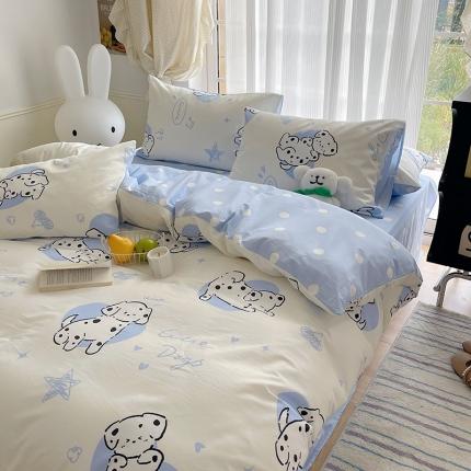 91家纺网 家纺一手货源 找家纺 桃子 2023新款ins韩系少女心碎花小清新卡通纯棉系列四件套 棉-调皮小狗