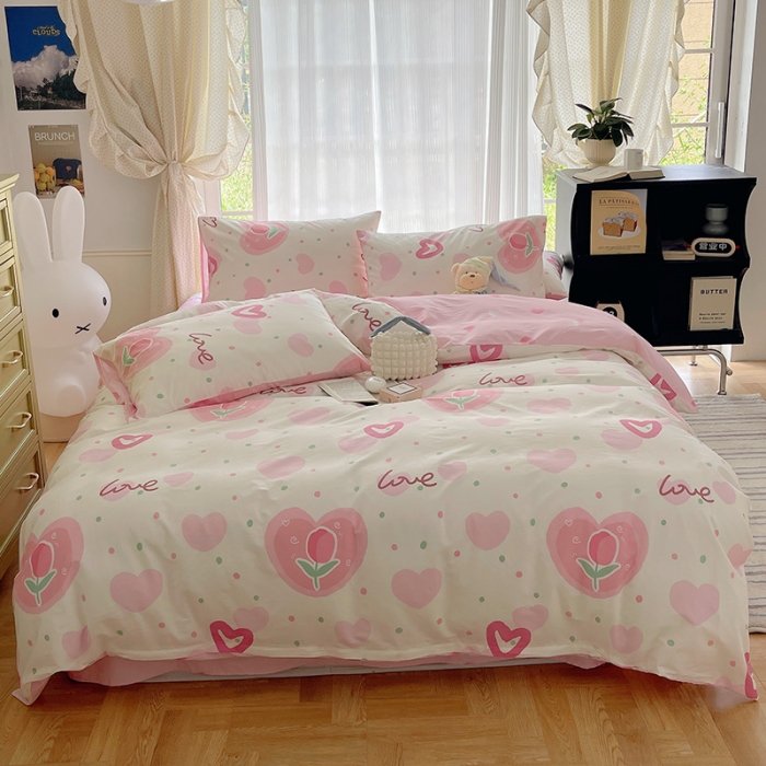 91家纺网 家纺一手货源 找家纺 桃子 2023新款ins韩系少女心碎花小清新卡通纯棉系列四件套 棉-爱心郁金香