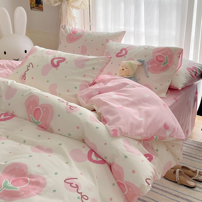 91家纺网 家纺一手货源 找家纺 桃子 2023新款ins韩系少女心碎花小清新卡通纯棉系列四件套 棉-爱心郁金香