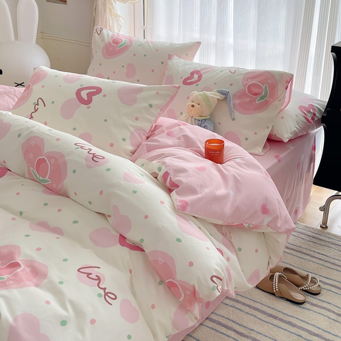 91家纺网 家纺一手货源 找家纺 桃子 2023新款ins韩系少女心碎花小清新卡通纯棉系列四件套 棉-爱心郁金香