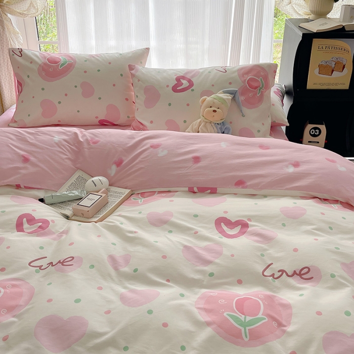 91家纺网 家纺一手货源 找家纺 桃子 2023新款ins韩系少女心碎花小清新卡通纯棉系列四件套 棉-爱心郁金香